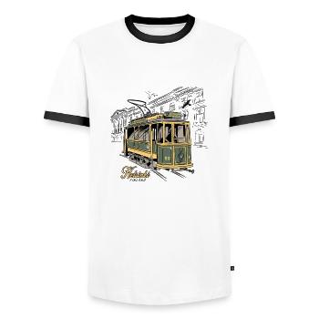 Helsinki Old Tram, Textiles, products - Men's Ringer Shirt - white/black - Front - AI Model Female 172 light (172cm) & AI Model Male 178 dark (178cm)