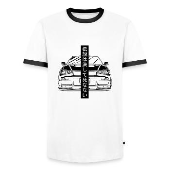 R34 Silhouette Gift JDM Motorsport Japan Car - Men's Ringer Shirt - white/black - Front - AI Model Female 172 light (172cm) & AI Model Male 178 dark (178cm)
