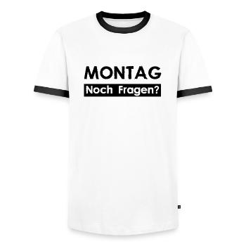 MONDAY - Any questions? - Men's Ringer Shirt - white/black - Front - AI Model Female 172 light (172cm) & AI Model Male 178 dark (178cm)