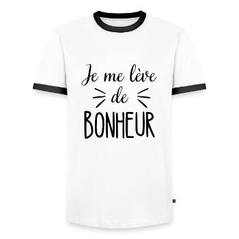Je me lève de bonheur - T-shirt contrasté Homme - blanc/noir - Devant - AI Model Female 172 light (172cm) & AI Model Male 178 dark (178cm)