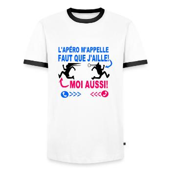 Apéro L'apéro m'appelle faut que j'aille / Humour - T-shirt contrasté Homme - blanc/noir - Devant - AI Model Female 172 light (172cm) & AI Model Male 178 dark (178cm)