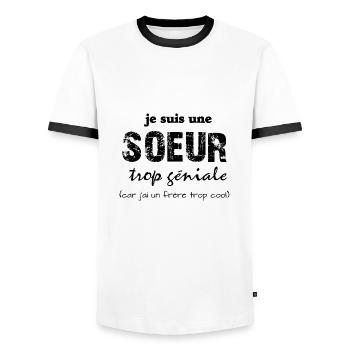 je suis une soeur trop géniale - T-shirt contrasté Homme - blanc/noir - Devant - AI Model Female 172 light (172cm) & AI Model Male 178 dark (178cm)