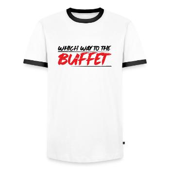 Which Way To The Buffet 14 - Männer Kontrast-T-Shirt - Weiß/Schwarz - Vorne - AI Model Female 172 light (172cm) & AI Model Male 178 dark (178cm)