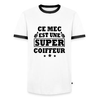 ce mec est un super coiffeur / humour coiffeur - T-shirt contrasté Homme - blanc/noir - Devant - AI Model Female 172 light (172cm) & AI Model Male 178 dark (178cm)