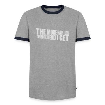 I get more head - Men's Ringer Shirt - grey/navy  - Front - AI Model Female 172 light (172cm) & AI Model Male 178 light (178cm)