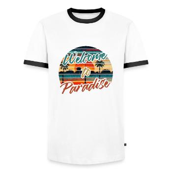 Bienvenue au paradis vintage coucher de palmiers coucher de soleil - T-shirt contrasté Homme - blanc/noir - Devant - AI Model Female 172 light (172cm) & AI Model Male 178 dark (178cm)