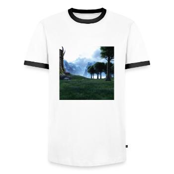 Beautiful mountain landscape in the fog - Men's Ringer Shirt - white/black - Front - AI Model Female 172 light (172cm) & AI Model Male 178 dark (178cm)