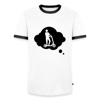 E-Scooter E-Roller Scooter - Männer Kontrast-T-Shirt - Weiß/Schwarz - Vorne - AI Model Female 172 light (172cm) & AI Model Male 178 dark (178cm)