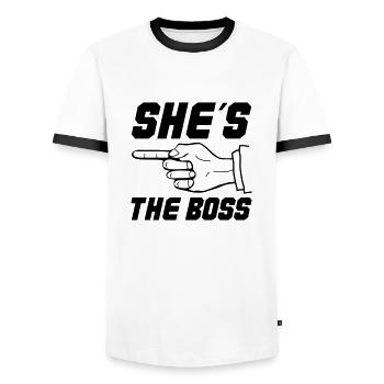 shes the boss - Men's Ringer Shirt - white/black - Front - AI Model Female 172 light (172cm) & AI Model Male 178 dark (178cm)