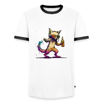 Cool cat écoute de la musique et boit de la bière - T-shirt contrasté Homme - blanc/noir - Devant - AI Model Female 172 light (172cm) & AI Model Male 178 dark (178cm)