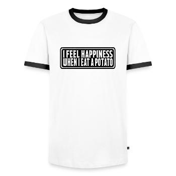 Je ressens du bonheur quand je mange une pomme de terre 4 - T-shirt contrasté Homme - blanc/noir - Devant - AI Model Female 172 light (172cm) & AI Model Male 178 dark (178cm)