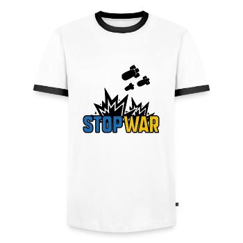 Stop War - Men's Ringer Shirt - white/black - Front - AI Model Female 172 light (172cm) & AI Model Male 178 dark (178cm)