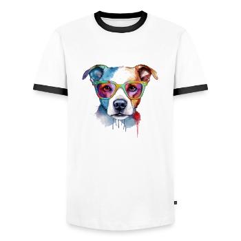 Rox, der Hund mit Brille - Männer Kontrast-T-Shirt - Weiß/Schwarz - Vorne - AI Model Female 172 light (172cm) & AI Model Male 178 dark (178cm)