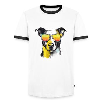 Roxo the bespectacled dog - Men's Ringer Shirt - white/black - Front - AI Model Female 172 light (172cm) & AI Model Male 178 dark (178cm)