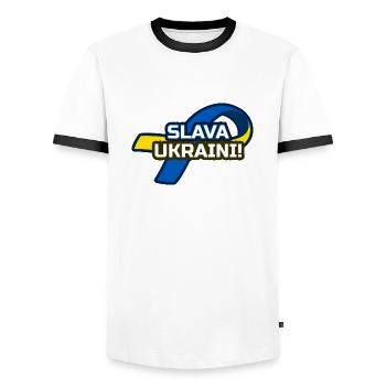 Soutien à l’Ukraine : Ruban Slava Ukraini - T-shirt contrasté Homme - blanc/noir - Devant - AI Model Female 172 light (172cm) & AI Model Male 178 dark (178cm)