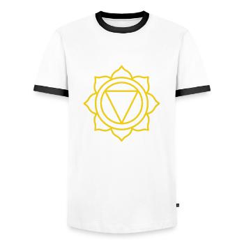 SUCCÈS-TRIOMPHE | 3ème Manipura ou chakra solaire - T-shirt contrasté Homme - blanc/noir - Devant - AI Model Female 172 light (172cm) & AI Model Male 178 dark (178cm)