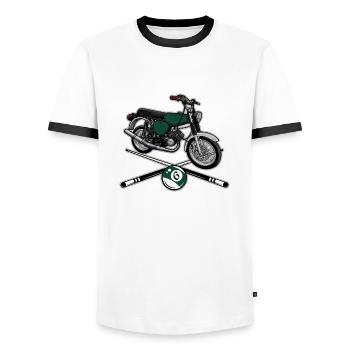 S51 (billardgrün) // Illustration - Männer Kontrast-T-Shirt - Weiß/Schwarz - Vorne - AI Model Female 172 light (172cm) & AI Model Male 178 dark (178cm)
