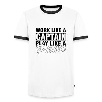 Travaillez comme un capitaine, jouez comme un pirate - T-shirt contrasté Homme - blanc/noir - Devant - AI Model Female 172 light (172cm) & AI Model Male 178 dark (178cm)