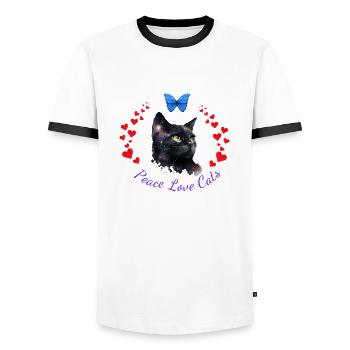 Black Cat "Peace Love Cats" with Butterfly - Men's Ringer Shirt - white/black - Front - AI Model Female 172 light (172cm) & AI Model Male 178 dark (178cm)