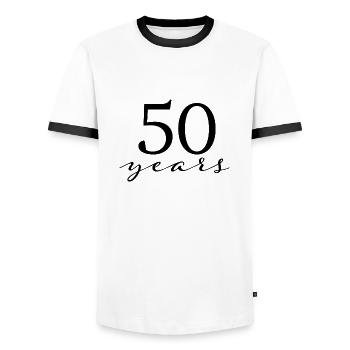 50 years - Men's Ringer Shirt - white/black - Front - AI Model Female 172 light (172cm) & AI Model Male 178 dark (178cm)