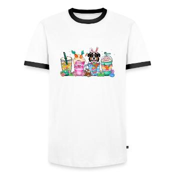 Chien café easter australiansheperd 4500x5400Austr - T-shirt contrasté Homme - blanc/noir - Devant - AI Model Female 172 light (172cm) & AI Model Male 178 dark (178cm)
