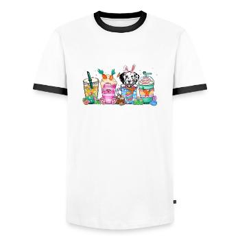 Chien café pâques dalmatie 4500x5400Dalmatie Chien - T-shirt contrasté Homme - blanc/noir - Devant - AI Model Female 172 light (172cm) & AI Model Male 178 dark (178cm)