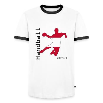 Handball - Team Österreich - Männer Kontrast-T-Shirt - Weiß/Schwarz - Vorne - AI Model Female 172 light (172cm) & AI Model Male 178 dark (178cm)