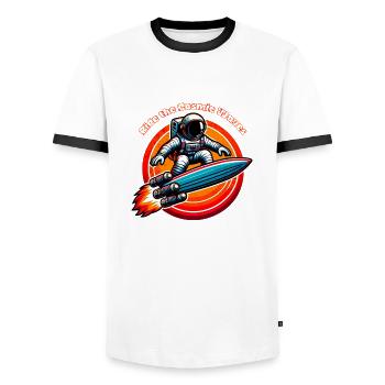 Surfing the Solar Winds Tee - Men's Ringer Shirt - white/black - Front - AI Model Female 172 light (172cm) & AI Model Male 178 dark (178cm)