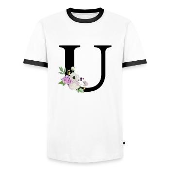 Lila Blumenbuchstabe u - Männer Kontrast-T-Shirt - Weiß/Schwarz - Vorne - AI Model Female 172 light (172cm) & AI Model Male 178 dark (178cm)