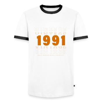 1991: Vintage - 33rd Anniversary - Men's Ringer Shirt - white/black - Front - AI Model Female 172 light (172cm) & AI Model Male 178 dark (178cm)
