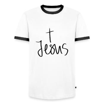 Jesus - Männer Kontrast-T-Shirt - Weiß/Schwarz - Vorne - AI Model Female 172 light (172cm) & AI Model Male 178 dark (178cm)