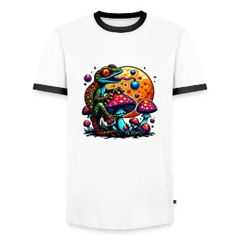 Psychedelischer Frosch mit Pilzen - Männer Kontrast-T-Shirt - Weiß/Schwarz - Vorne - AI Model Female 172 light (172cm) & AI Model Male 178 dark (178cm)