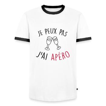 je peux pas j'ai apéro / apéritif / alcool - T-shirt contrasté Homme - blanc/noir - Devant - AI Model Female 172 light (172cm) & AI Model Male 178 dark (178cm)