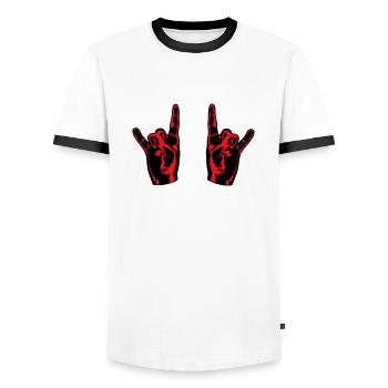 Two Heavy Metal Hard Rock Horns Finger Hand Gesture - Men's Ringer Shirt - white/black - Front - AI Model Female 172 light (172cm) & AI Model Male 178 dark (178cm)