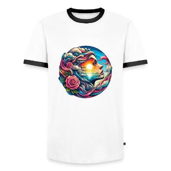 Portrait of Surreal Woman with Landscape - Men's Ringer Shirt - white/black - Front - AI Model Female 172 light (172cm) & AI Model Male 178 dark (178cm)