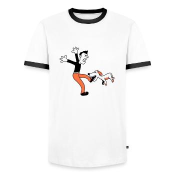 Dog Bites Man Foot Pain Attack - Men's Ringer Shirt - white/black - Front - AI Model Female 172 light (172cm) & AI Model Male 178 dark (178cm)
