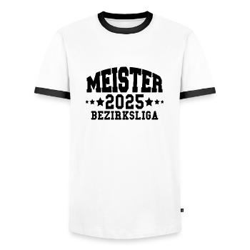 Meister 2025 Bezirksliga Aufstieg Fußball - Männer Kontrast-T-Shirt - Weiß/Schwarz - Vorne - AI Model Female 172 light (172cm) & AI Model Male 178 dark (178cm)