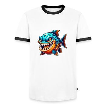 Piranha Bande dessinée Poisson - T-shirt contrasté Homme - blanc/noir - Devant - AI Model Female 172 light (172cm) & AI Model Male 178 dark (178cm)