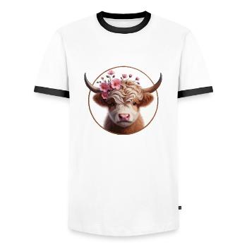 Highlander calf 3 - Men's Ringer Shirt - white/black - Front - AI Model Female 172 light (172cm) & AI Model Male 178 dark (178cm)