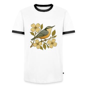 Nuthatch on Blossoming Branch – Vintage Bird - Men's Ringer Shirt - white/black - Front - AI Model Female 172 light (172cm) & AI Model Male 178 dark (178cm)