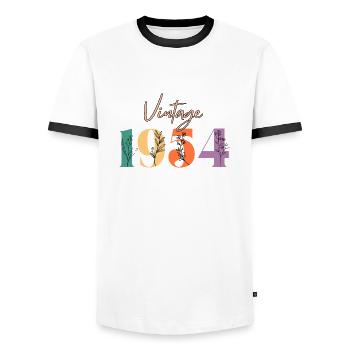 Jahrgang 1954 Blumen - Männer Kontrast-T-Shirt - Weiß/Schwarz - Vorne - AI Model Female 172 light (172cm) & AI Model Male 178 dark (178cm)