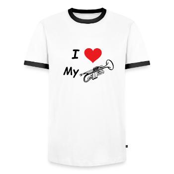ilovemytrumpet - Männer Kontrast-T-Shirt - Weiß/Schwarz - Vorne - AI Model Female 172 light (172cm) & AI Model Male 178 dark (178cm)