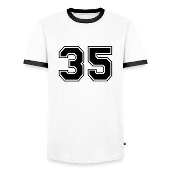 35 - Männer Kontrast-T-Shirt - Weiß/Schwarz - Vorne - AI Model Female 172 light (172cm) & AI Model Male 178 dark (178cm)