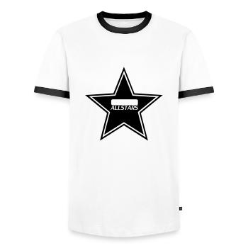Allstars, celebrities, city, basketball, people, - Men's Ringer Shirt - white/black - Front - AI Model Female 172 light (172cm) & AI Model Male 178 dark (178cm)