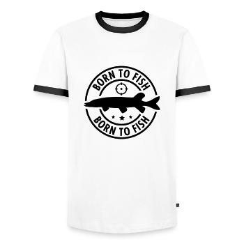 born_to_fish__f1 - Men's Ringer Shirt - white/black - Front - AI Model Female 172 light (172cm) & AI Model Male 178 dark (178cm)
