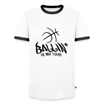 ballin_is_my_life_f1 - Männer Kontrast-T-Shirt - Weiß/Schwarz - Vorne - AI Model Female 172 light (172cm) & AI Model Male 178 dark (178cm)