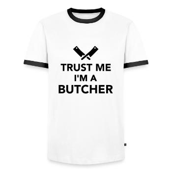 Fleischer - Männer Kontrast-T-Shirt - Weiß/Schwarz - Vorne - AI Model Female 172 light (172cm) & AI Model Male 178 dark (178cm)