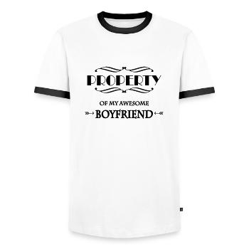 Property of my awesome boyfriend - Men's Ringer Shirt - white/black - Front - AI Model Female 172 light (172cm) & AI Model Male 178 dark (178cm)