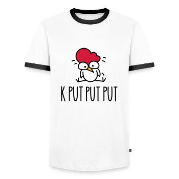 The funny chicken is tired - Men's Ringer Shirt - white/black - Front - AI Model Female 172 light (172cm) & AI Model Male 178 dark (178cm)