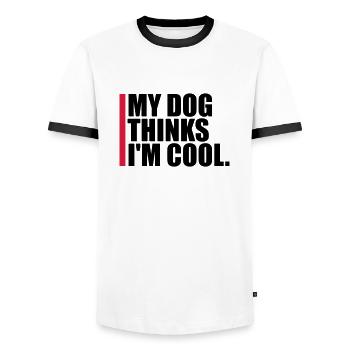 Dog thinks in the cool - Men's Ringer Shirt - white/black - Front - AI Model Female 172 light (172cm) & AI Model Male 178 dark (178cm)